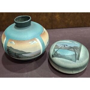 Ken Jensen Stoneware Handmade Pottery Vase & Box